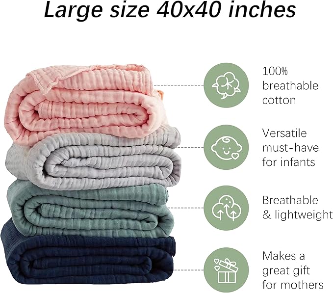 SWEET DOLPHIN Muslin Baby Bath Towels Blanket - 2 Pack 100% Cotton Towel for Babies, Infants, Toddlers - 40x40Inch - Highly Absorbent, Pink
