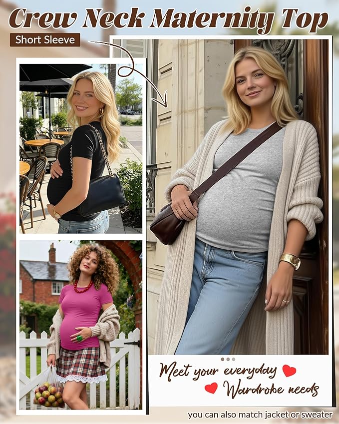 Huukeay 4 Pack Women's Maternity Shirts, Crew Neck Maternity Top Short Sleeve Casual Cotton Tee Side Ruched Pregnancy Clothes