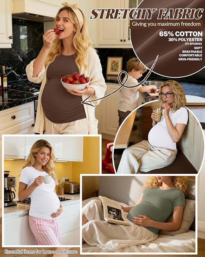 Huukeay 4 Pack Women's Maternity Shirts, Crew Neck Maternity Top Short Sleeve Casual Cotton Tee Side Ruched Pregnancy Clothes