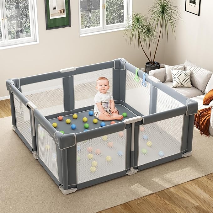 Foldable Playpen for Babies and Toddlers, 51" Portable Play Pen with Mat and Ocean Balls, Play Yard with with Visible Mesh for Inddor and Outdoor, No Assembly Required, Dark Gray