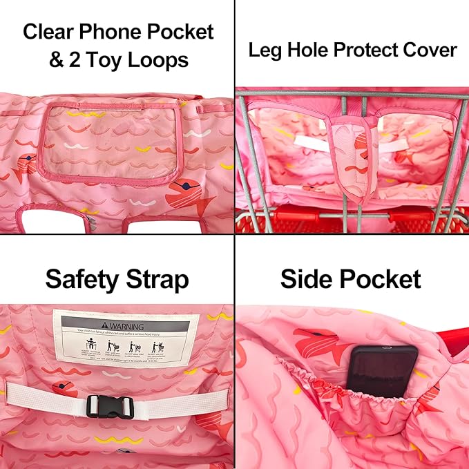 Love&go Soft Pillow Attached 2-in-1 Shopping Cart and High Chair Cover for Baby, Cotton Padded Cart Cover, Fold'n Roll Style, Portable with Carry Bag (Pink Fish)