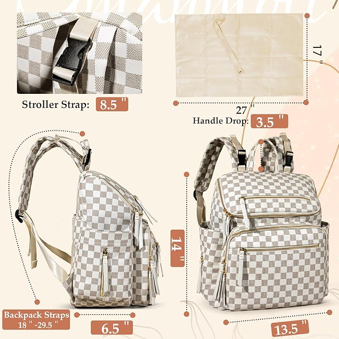 Omanmoli Checkered Diaper Bag Backpack Large Baby Diaper Bag Leather with 17 Diaper Bag Organizing Pouches,Changing Pad,Stroller Straps,4 Insulated Pockets,Beige&Honey