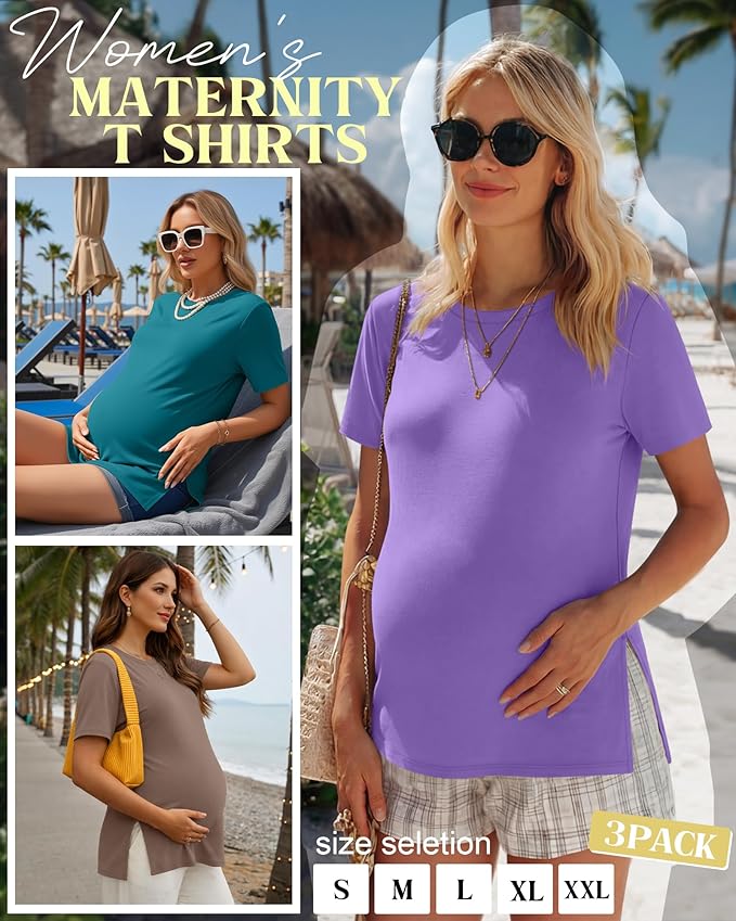Ficerd 3 Pack Women's Maternity T Shirts, Short Sleeve Side Split Pregnancy Tops Casual Crew Neck Pregnant Tees Mama Clothes