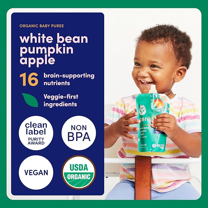 Cerebelly Organic Baby Food Pouches, White Bean Pumpkin Apple Purees, 16 Nutrients, No Added Sugar, Fiber & Non-GMO, 4oz, 12 Pack