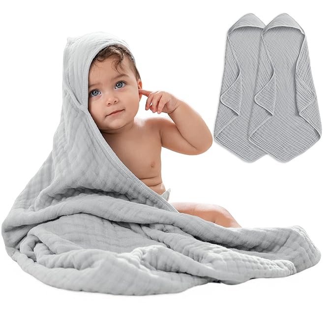 Comfy Cubs Hooded Baby Towel 2-Pack, Large 32 x 32 Inch - 6 Layer 100% Muslin Cotton for Babies, Toddlers and Kids - Soft & Absorbent Baby Bath Towels - Unisex Design for Bath Time - Heather Blue