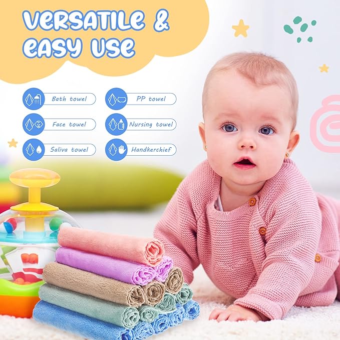 Handepo 100 Pack Baby Washcloths Bulk 10 x 10 Inch Microfiber Coral Fleece Baby Face Towels Absorbent and Soft Wash Cloths for Newborns Infants and Toddlers(Colorful)