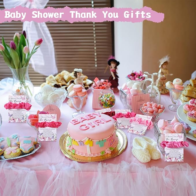 Yinkin 30 Sets Butterfly Baby Shower Favors for Girl, Include Pink Hair Ties Pink Scrunchies Butterfly Thank You Cards a Message from the Bump Baby Shower Sign Souvenirs for Guests