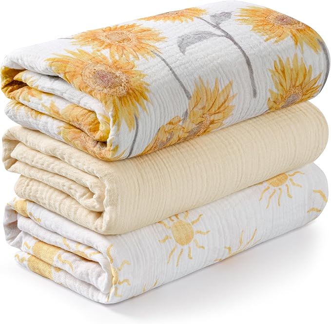 Muslin Swaddle Blankets for Newborn, 3 Pack Breathable Soft Receiving Blanket, Large 38 x 40 inches Swaddle Wrap Burping Clothes, Essentials Infant Shower Items, Toddler Gift (Sunflower)