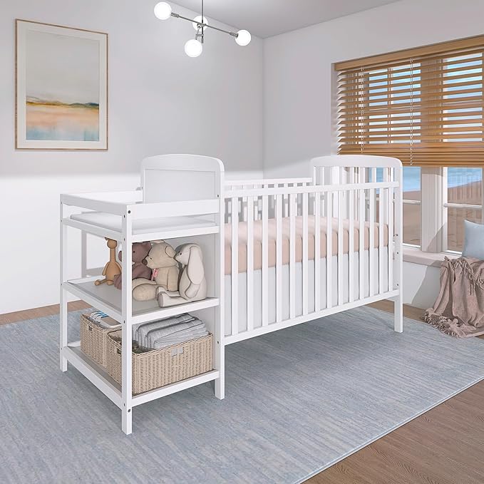 Dream On Me Anna 3-in-1 Convertible Full-Size Baby Crib & Changer with Storage in White, GreenGuard Gold & JPMA, Pinewood, Converts to Day & Toddler Bed, 3 Mattress Heights, 1″ Changing Pad