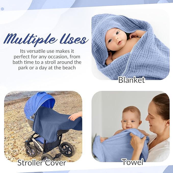 6 Pcs Muslin Hooded Bath Towels Washcloths and Bibs Set, Muslin Cotton Baby Towels Absorbent Hooded Blanket Towel Infant Bibs for Boys Girls Newborn Infant Essential(Dark Blue, Light Blue)