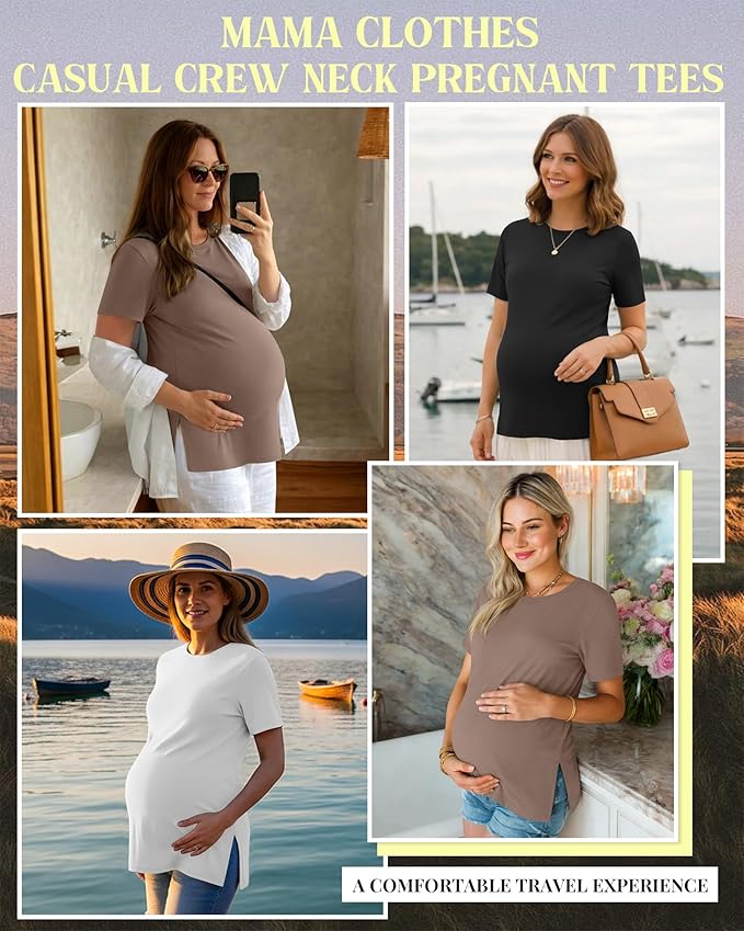Ficerd 3 Pack Women's Maternity T Shirts, Short Sleeve Side Split Pregnancy Tops Casual Crew Neck Pregnant Tees Mama Clothes