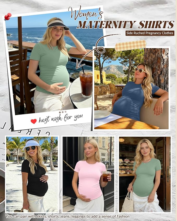 Huukeay 4 Pack Women's Maternity Shirts, Crew Neck Maternity Top Short Sleeve Casual Cotton Tee Side Ruched Pregnancy Clothes