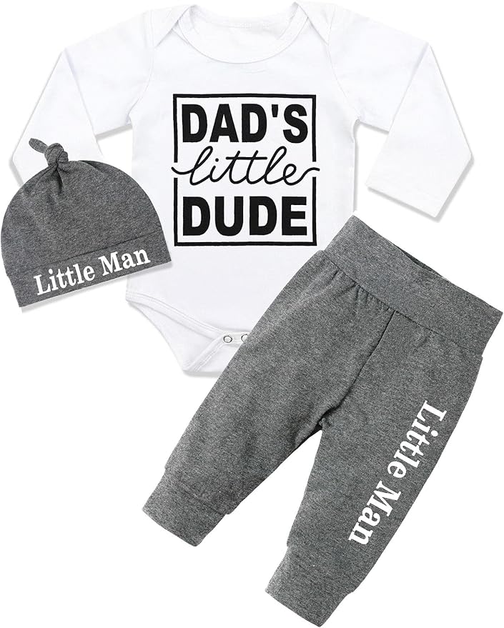 Fommy Newborn Baby Boy Clothes New to The Crew Letter Print Romper+ Pants+Hat 3PCS Outfit