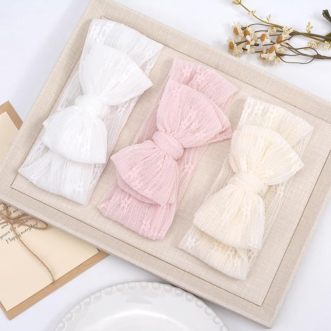 Handmade Baby Headbands Soft Stretchy Nylon Hair Bands with Bows for Toddler Child Girls- Pack of 3 (Set-A, 3 Count (Pack of 1))