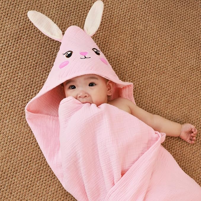 FIOBEE Hooded Baby Towels 100% Muslin Baby Bath Towels for Newborn with Animal Design Ultra-Soft and Absorbent Bath Essentials for Toddler, Unisex Girls Boys 30 x 30 inch, Pink Bunny