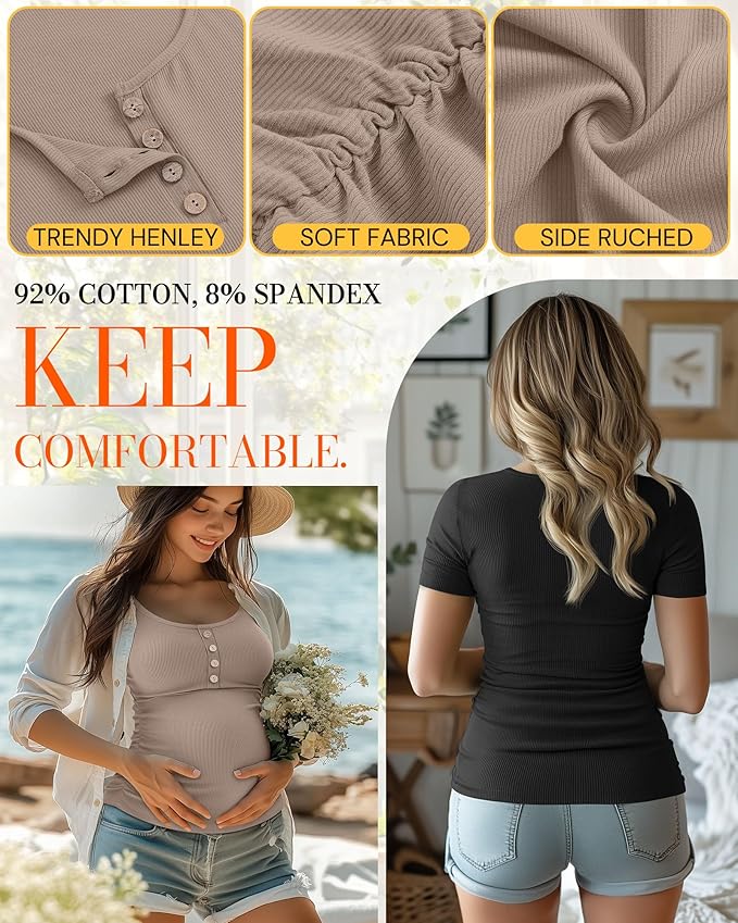 4 Pack Womens Maternity Shirts Scoop Neck Cotton Short Sleeve Ribbed Pregnancy Top Henley Side Ruched Mama Clothes