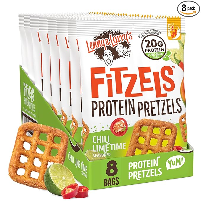 Lenny & Larry's FITZELS Protein Pretzels (Chilli Lime Time) 8 Individual Bags 3 oz Each – High Protein Snacks with 20g of Plant Based Protein – Healthy Vegan Pretzels – Delicious Salty Taste