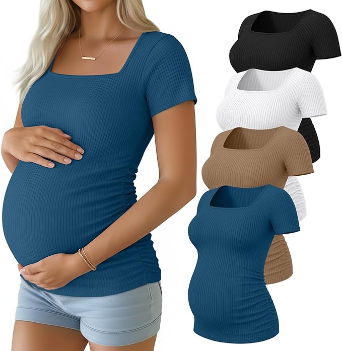 Huukeay 4 Pack Women's Maternity Shirts Cotton Ribbed Short Sleeve Square Neck Pregnancy Tops Side Ruched Summer Tee