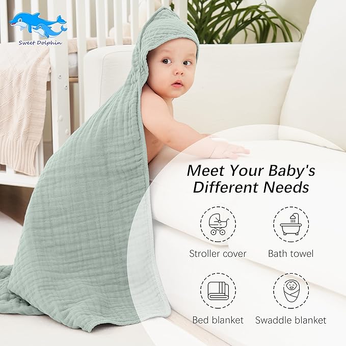 SWEET DOLPHIN Muslin Hooded Baby Bath Towels - 2 Pack 100% Cotton Towel for Babies, Infants, Toddlers - 32x32Inch - Highly Absorbent and Newborn Essential, Light Emerald