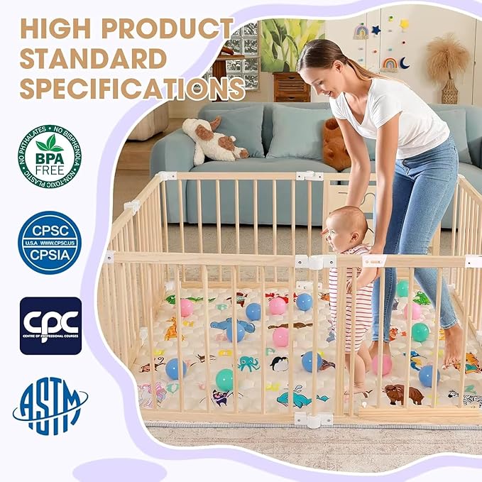 Foldable Wooden Baby Playpen with Soft Play Mat, Adjustable Playpen for Babies and Toddlers with 36 Colorful Balls, Portable Baby Fence Play Area Activity Center with Gate for Toddlers(56x56x23inches)