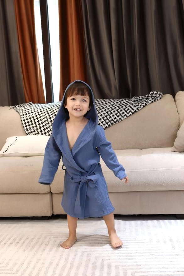 Organic Cotton Toddler Bathrobe, Soft and Breathable Baby Robe for Kid, Boy& Girl Hooded Robe Muslin