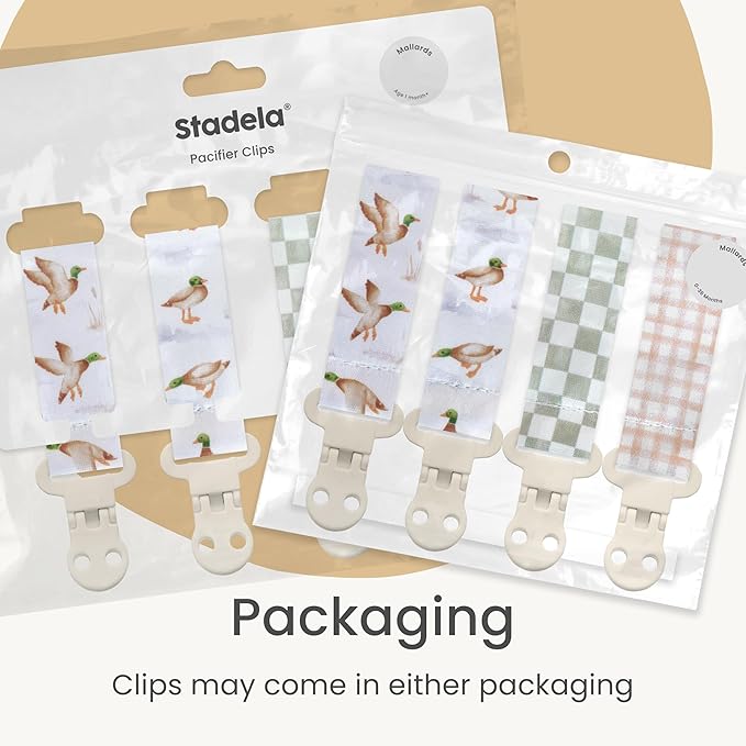 Stadela Baby Pacifier Clip Holder - Boy and Girl Unisex 4 Pack Gift Set – Neutral Checker Gingham Plaid Ducks Mallards Beige Brown and Green