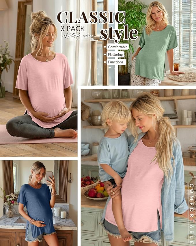 Riyiper 3 Pack Women's Maternity Tunic Shirts Cotton Summer Pregnancy Clothes Loose Oversized Split Side Blouse Tops