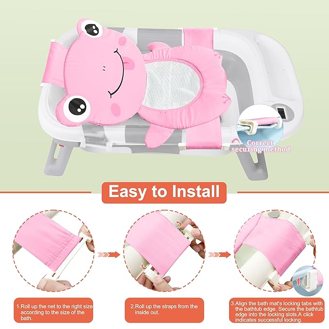 Baby Bath Seat Support Net, Quick Drying, Adjustable, Comfortable, Non-Slip, Infant Bathtub Sling Shower Mesh for a Tub, Soft Newborn Bath Mat (Deep Pink Frog)
