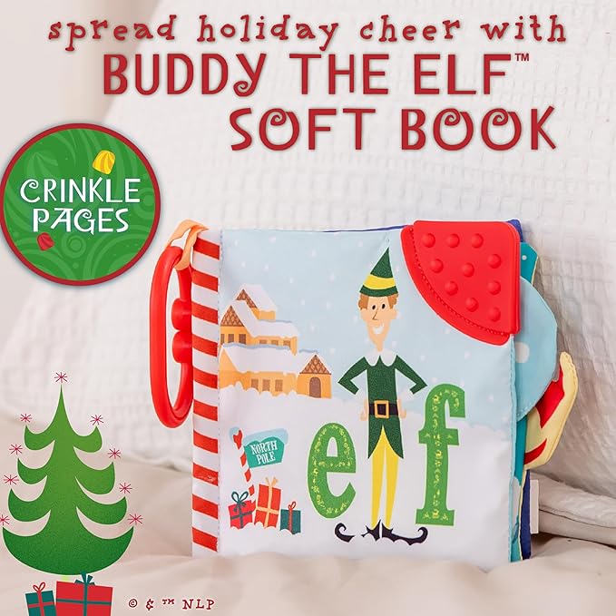 Kids Preferred Elf Soft Book - Peek-a-Boo Flap, Crinkle, BPA Free Teether Corner, On-The-Go Clip, Colorful Pages, Ages 0 Months and up, 5 in