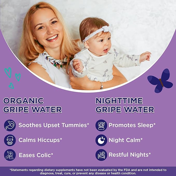 Wellements Organic Gripe Water for Babies Day & Night Combo Pack (4 Fl Oz) - Infant Gripe Water Newborn Calms Occasional Stomach Discomfort from Baby Gas, Colic, Hiccups & Fussiness - USDA Certified