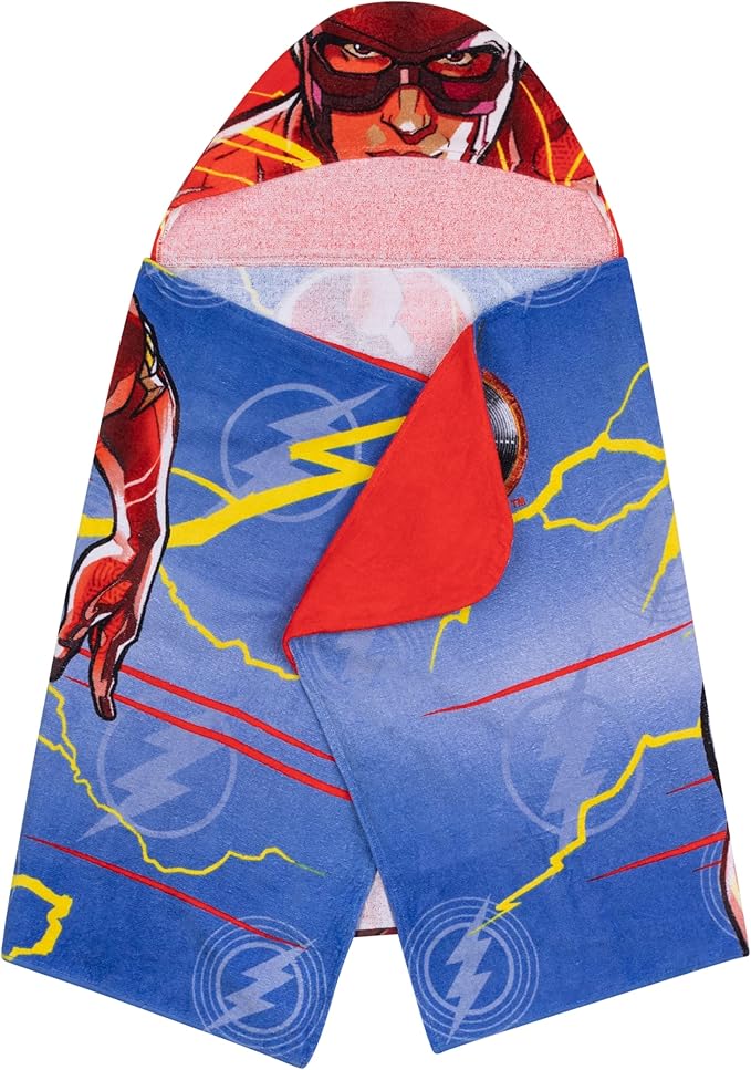 WB The Flash Movie DC Comics Kids Bath/Pool/Beach Soft Cotton Terry Hooded Towel Wrap, 24 in x 50 in, By Franco