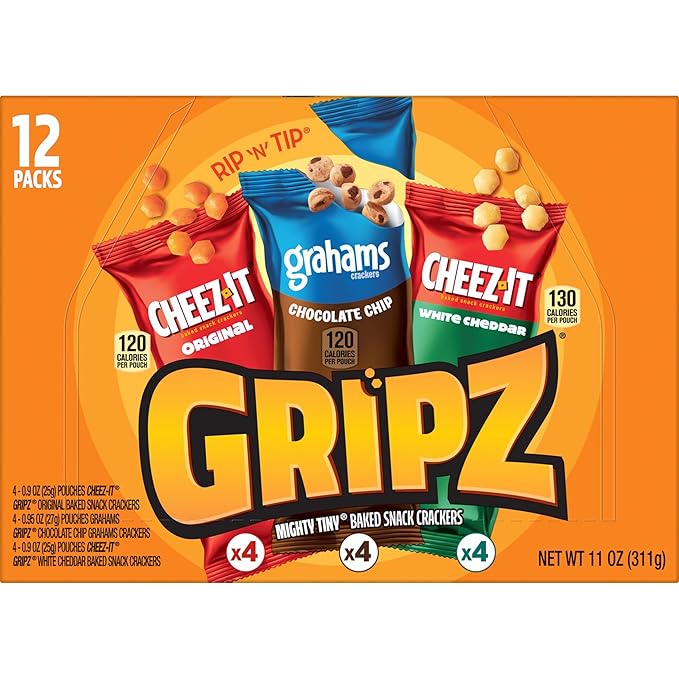 Gripz Mini Baked Snack Crackers, Sweet and Salty Snacks, Variety Pack, 11oz Box (12 Pouches)