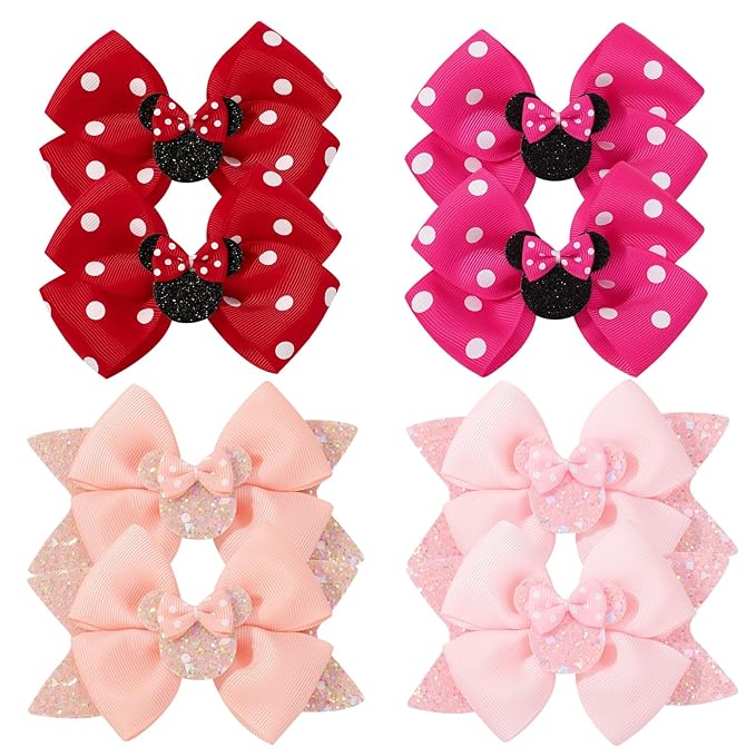 8PCS Mouse Ears Hair Bow Clips, 4 Inch Toddler Girls Polka Dot Hair Accessories, Birthday Party Decoration for Baby Toddler Girls