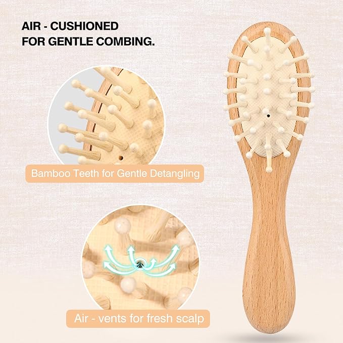 Wooden Baby Brush and Comb Set 3-Piece Beech Wood Flat Comb, Basswood Brushes with Soft Wool Bristles & Bamboo-Air Cushion Comb - Gentle Ideal Baby Gift