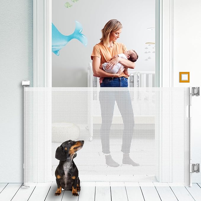 Upgraded Retractable Baby Gate for Stairs, 33"Tall Expands 55"Wide Ideal Safety Solution Dog Gate for Stairs Doorways Hallways Indoor Outdoor Mesh Baby Gate Retractable Screen Door(White,86CMx140CM)