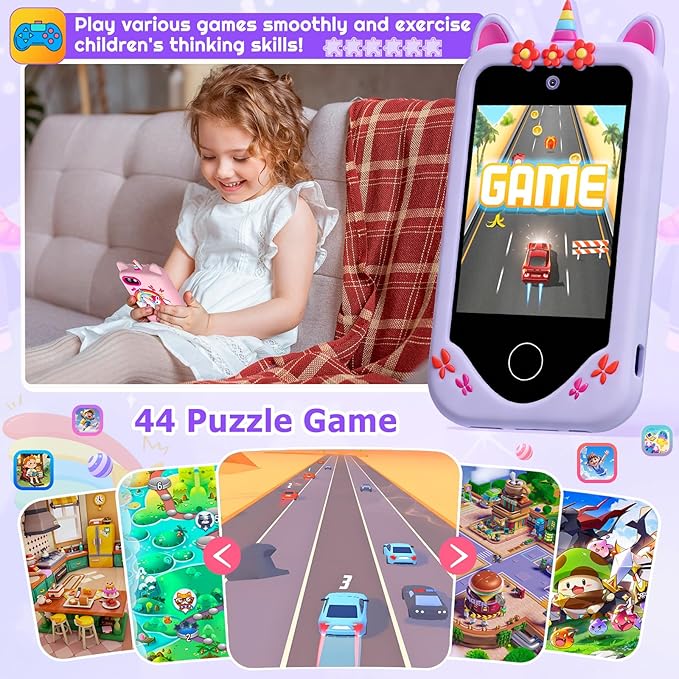 Kids Smart Phone for Girls, Touchscreen, 64GB Card Birthday Gifts for Girls Age 3, 4, 5, 6, 7, 8, 10 Year Old, Toddler Educational Learning Toys Phone with Dual Camera, Game, Music Player