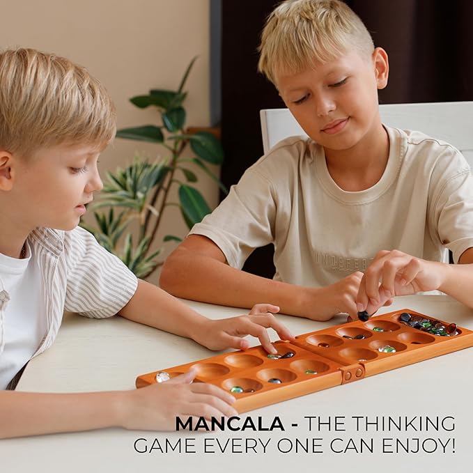 Mancala Board Game with Magnetic Lock – Classic 2-Player Folding Game – Wooden Mancala Set with 56 Glass Pebbles – Mancala Game for Kids and Adults