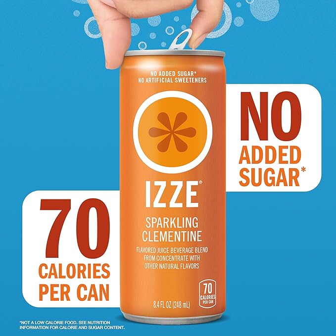 IZZE Sparkling Juice Beverage Blend, Sunset Variety Pack, Clementine, Peach, Cherry Lime, Pomegranate, No Sugar Added, 8.4 Fl Oz (Pack of 48)