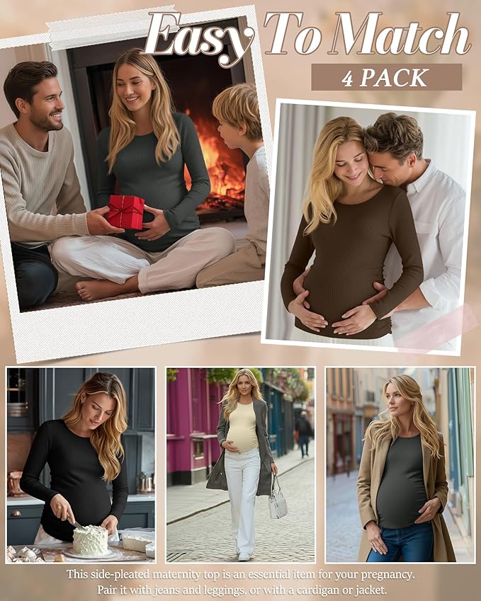 Huukeay 4 Pack Women's Maternity Shirts, Long Sleeve Cotton Ribbed Pregnancy Tops Side Ruched Crew Neck Casual Mama Clothes