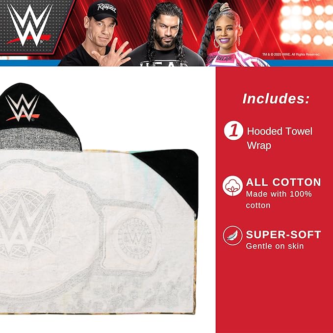 WWE Wrestling Kids Super Soft Bath/Pool/Beach Soft Cotton Terry Hooded Towel Wrap, 24 in x 50 in, (100% Officially Licensed Product) by Franco