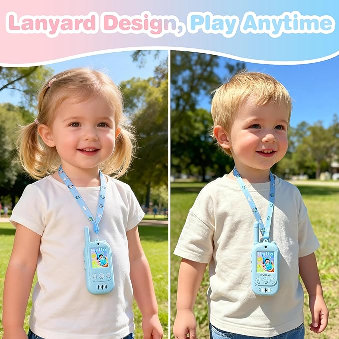 SKYROKU 2nd-Gen Video Walkie Talkies for Kids, 2000ft Long Range Rechargeable Walky Talkies, AI Virtual Costumes & Voice Changer, Outdoor Camping Toys Gift for Boys Girls Ages 3-12 (Blue&Blue)