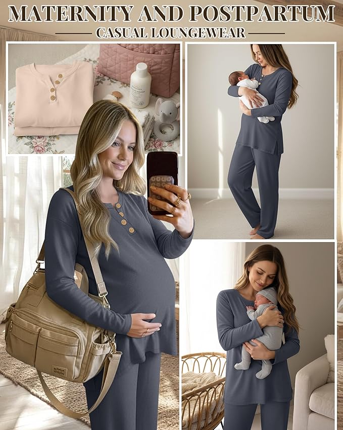 2 Piece Thermal Maternity Lounge Set Postpartum Pregnancy Fleece Loungewear Long Sleeve Top and Wide Leg Pant
