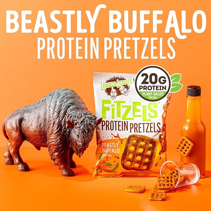 Lenny & Larry's FITZELS Protein Pretzels [Beastly Buffalo] – 8 x 3oz Bags of High Protein Snacks with 20g Plant Based Protein – Vegan Snack – Incredibly Tasty with Salty Crunch