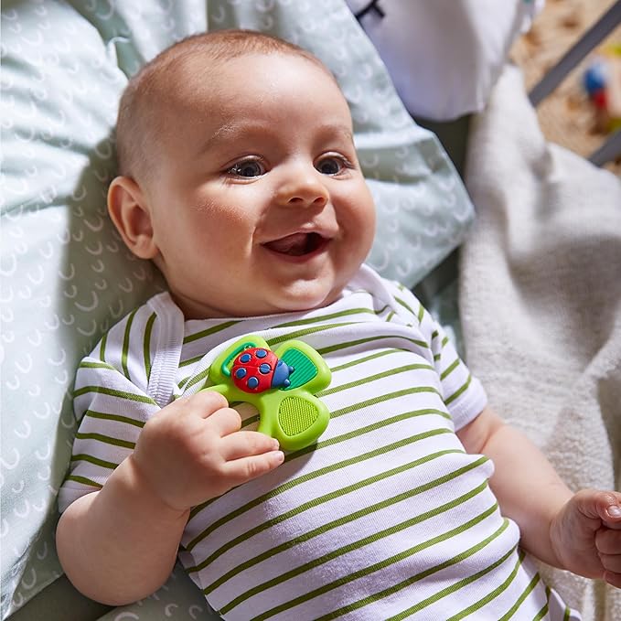 HABA Silicone Teethers for Babies 6-18 Months - Shamrock Silicone Teether Ring and Grasping Toy for Safe Sensory Development - Dishwasher Safe Baby Essentials, Sweet St. Patrick Day Gifts
