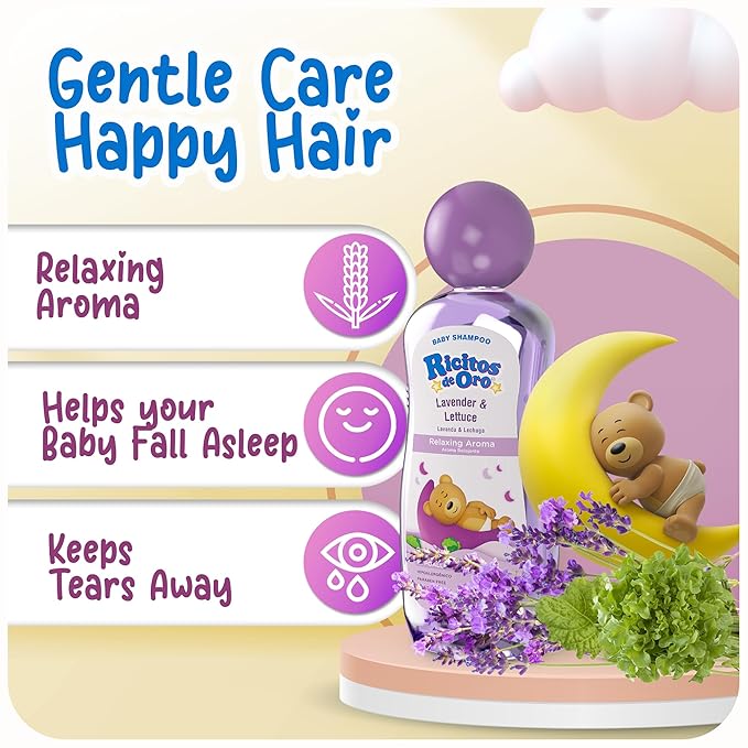 Ricitos de Oro Lavender Baby Shampoo | Nourishes & Softens Baby Hair, Gentle Lavender Scent, Tear Free Formula, Promotes Better Sleep, Includes Rattle Cup, Natural Ingredients, Size 8.45 oz, 3-Pack