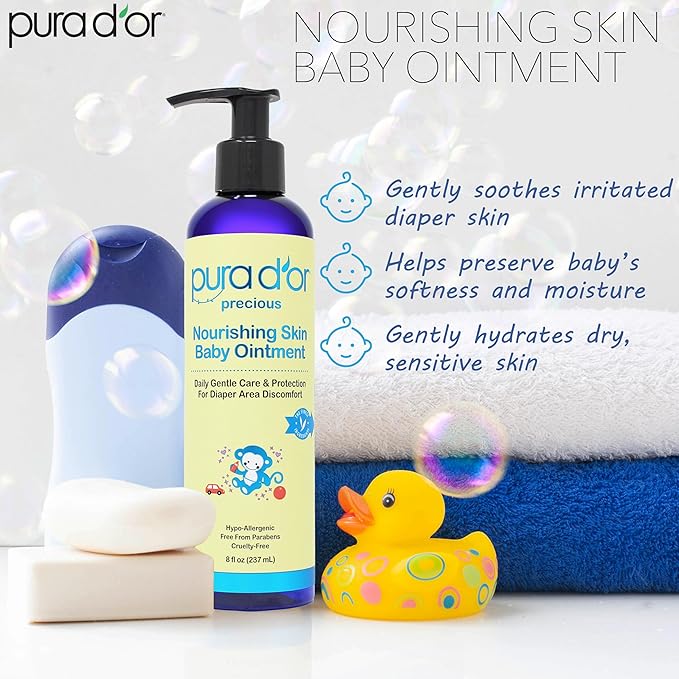 PURA D'OR 8 Oz Nourishing Skin Baby Ointment – Gentle Moisturizing Balm for Sensitive Skin, Diaper Area Protection & Soothing Hydration, Fragrance-Free, Vegan & Hypoallergenic