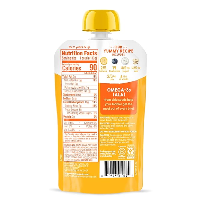 HAPPYTOT Organics Stage 4 Baby Food Pouches, Gluten Free, Super Morning Fruit & Oat Blend, Bananas, Blueberries, Yogurt, Oats & Chia, 4 Oz (Pack of 8)