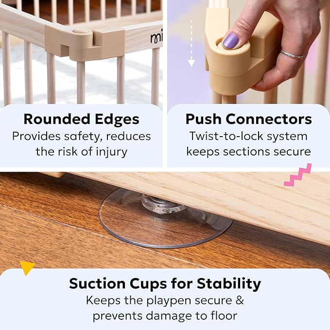 Miotetto Baby Playpen, Wooden Playpen for Babies and Toddlers, Foldable Fence with Montessori Activity Panel, Storage Basket & Gate, Portable, Easy to Assemble Baby Play Pen Natural Wood Playyard