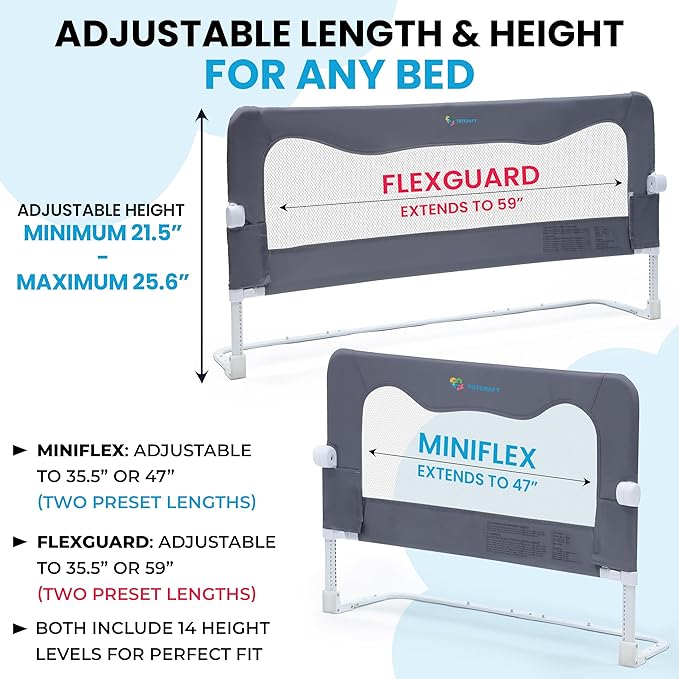 TotCraft Flexguard Height & Length Adjustable Bed Rail for Toddlers – Fits Twin, Full, Queen & King Beds – 35.5″ or 59″ Two Fixed Lengths – 14 Height Levels – ASTM Certified Bed Rail for Baby (Grey)