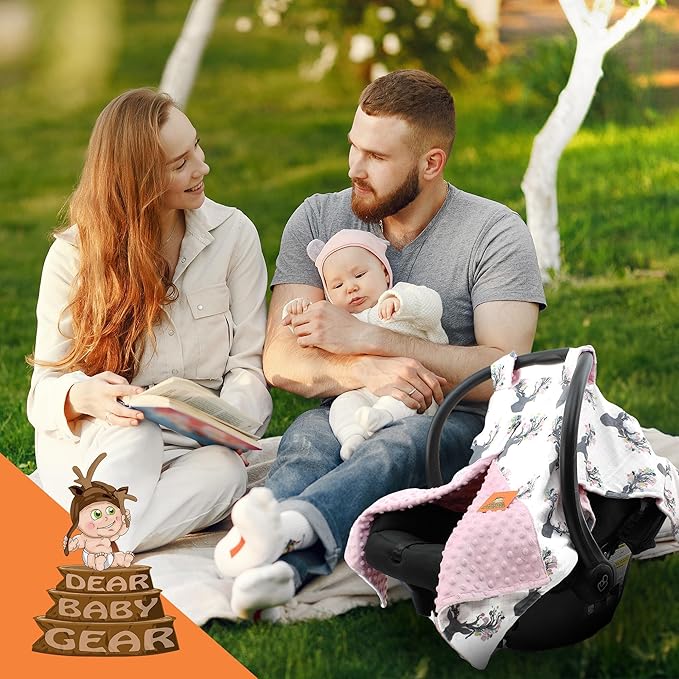 Dear Baby Gear - 40x30 Car Seat Canopy, Infant Carrier Cover for Boys & Girls, Cozy Fall, Nursing & Stroller Use, Newborn Travel Sunshade Accessory, Antler & Flower, Pink Dot